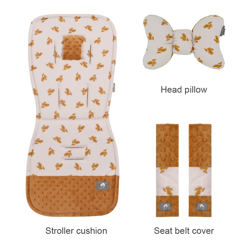 Stroller Cushion & Head Pillow & Seat Belt Cover 3Pcs/Set Universal Pram Pad Soft Cotton Double Sides Usable Baby Accessories