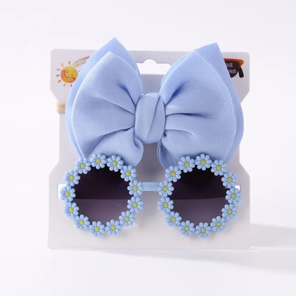 2Pcs Kids Sunglasses Headband Set Daisy Flower Round Toddler Bohemia Beach Seaside Sun Protection Eyewear Kids Hair Accessories