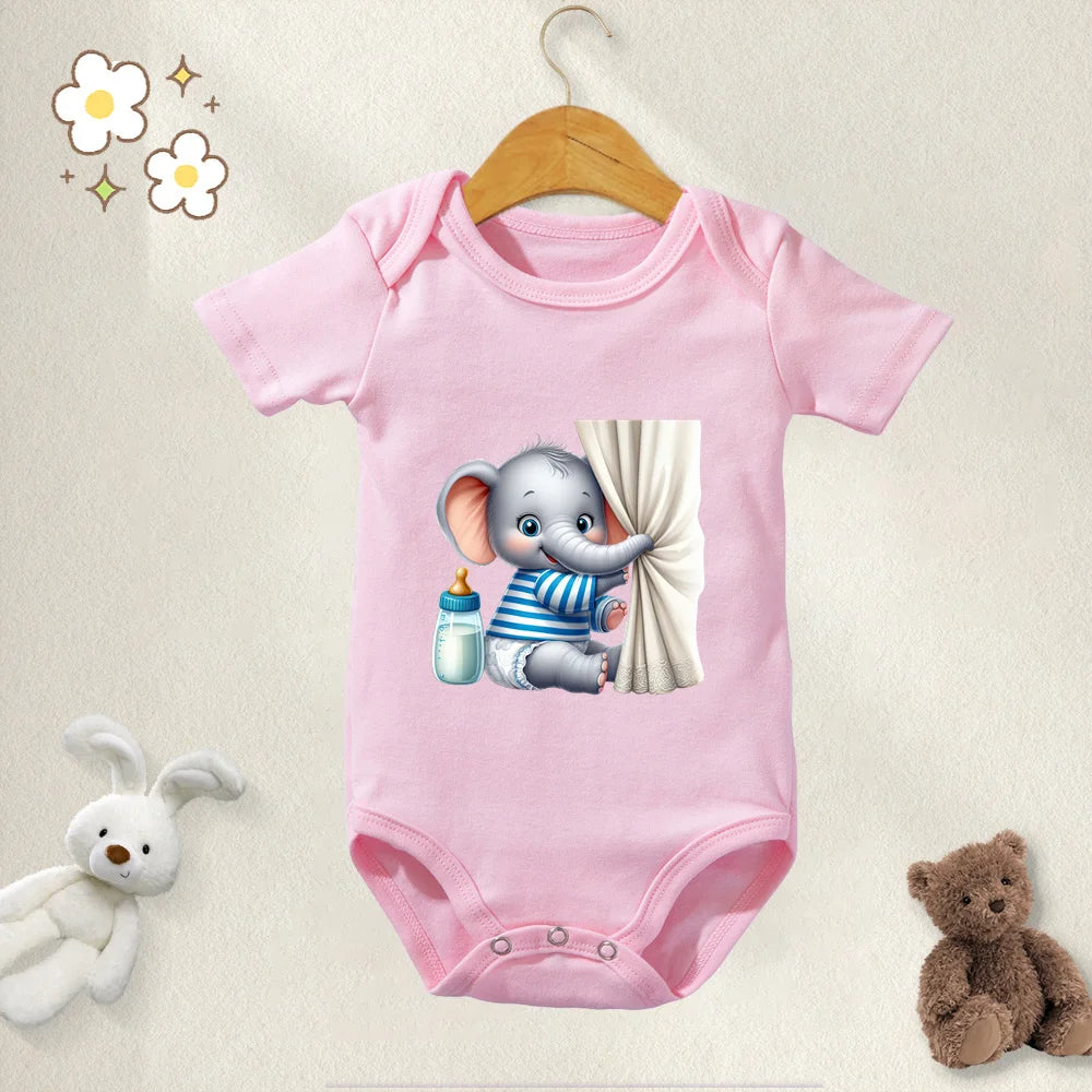 Unisex Baby Bodysuit Cute Elephant Print 100 Percent Cotton Short Sleeve Onesie Romper for 0 To 12 Months