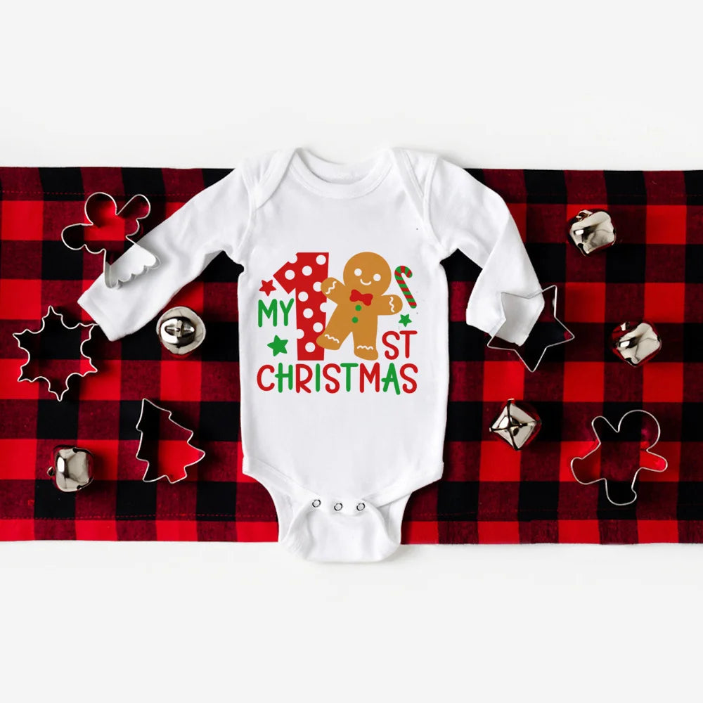 Your First Christmas Baby Long Sleeve Romper With Deer Print Unisex 0 To 24M Cozy Gift