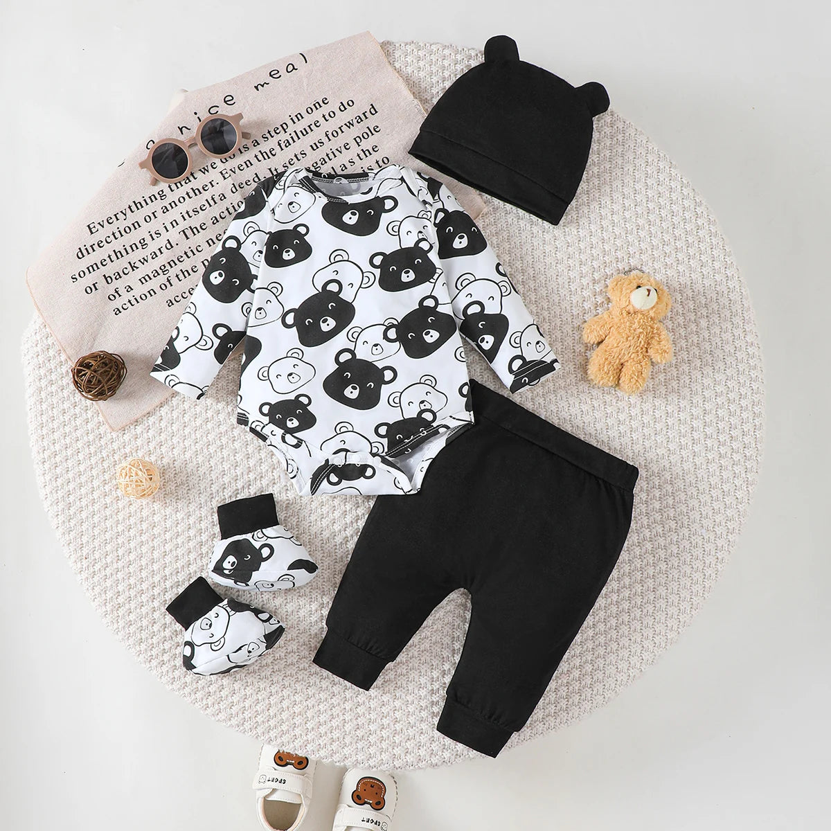 0 To 12 Months Baby Boy Little Bear Print Set Long Sleeve Bodysuit Pants Hat Socks 4 Pieces Cotton Spring Autumn