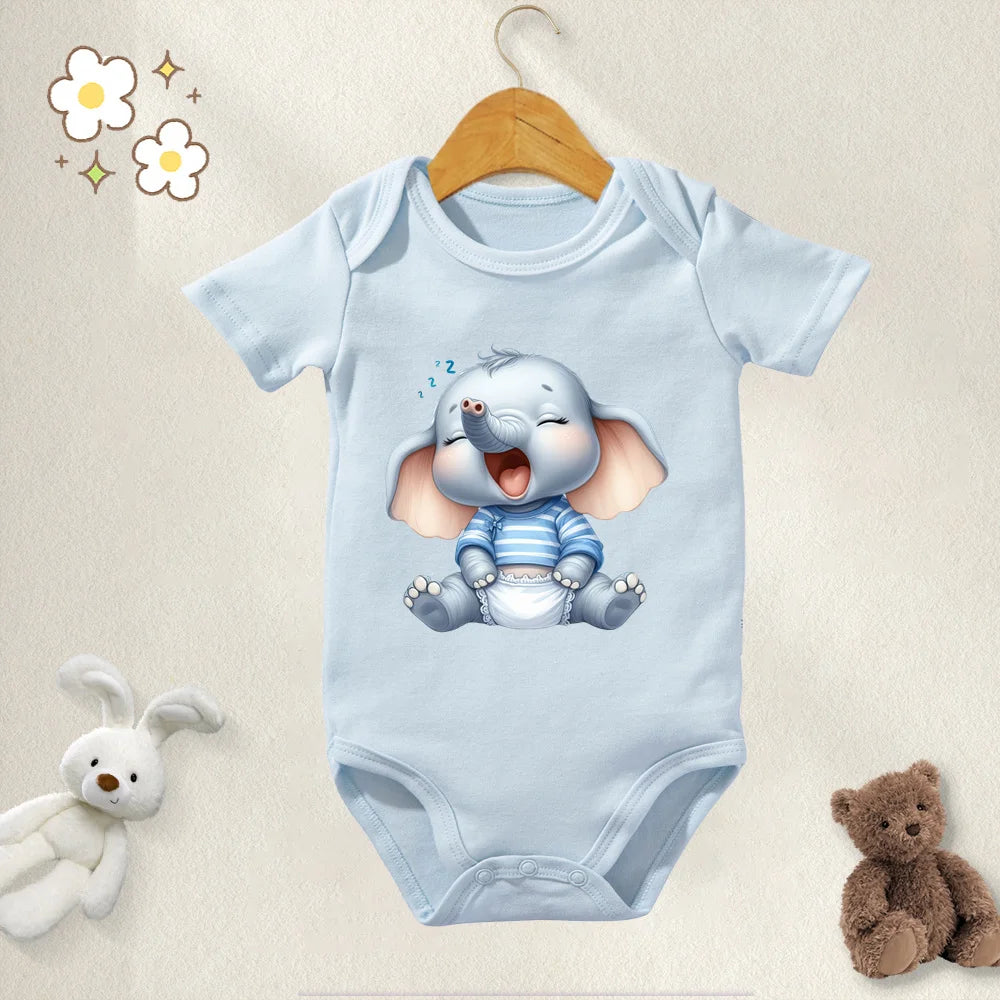 Unisex Baby Bodysuit Cute Elephant Print 100 Percent Cotton Short Sleeve Onesie Romper for 0 To 12 Months