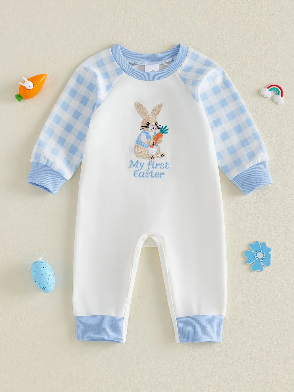 Cute Baby Easter Romper Bunny Letter Embroidered Plaid Long Sleeve Crew Neck Newborn Baby Rabbit Jumpsuit Costume