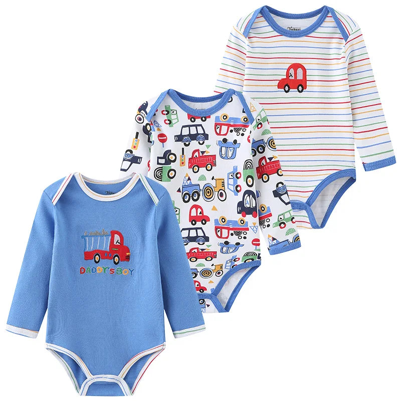 Kiddiezoom Three Piece Newborn Cartoon Long Sleeve 100 Percent Cotton Baby Bodysuits Unisex Soft Infant Onesies