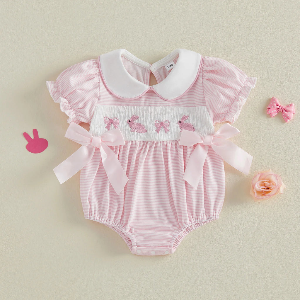 Baby Girl Easter Outfit  Bunny Embroidery Doll Collar Bubble Short Sleeve Jumpsuit Romper Cute Easter Clothes