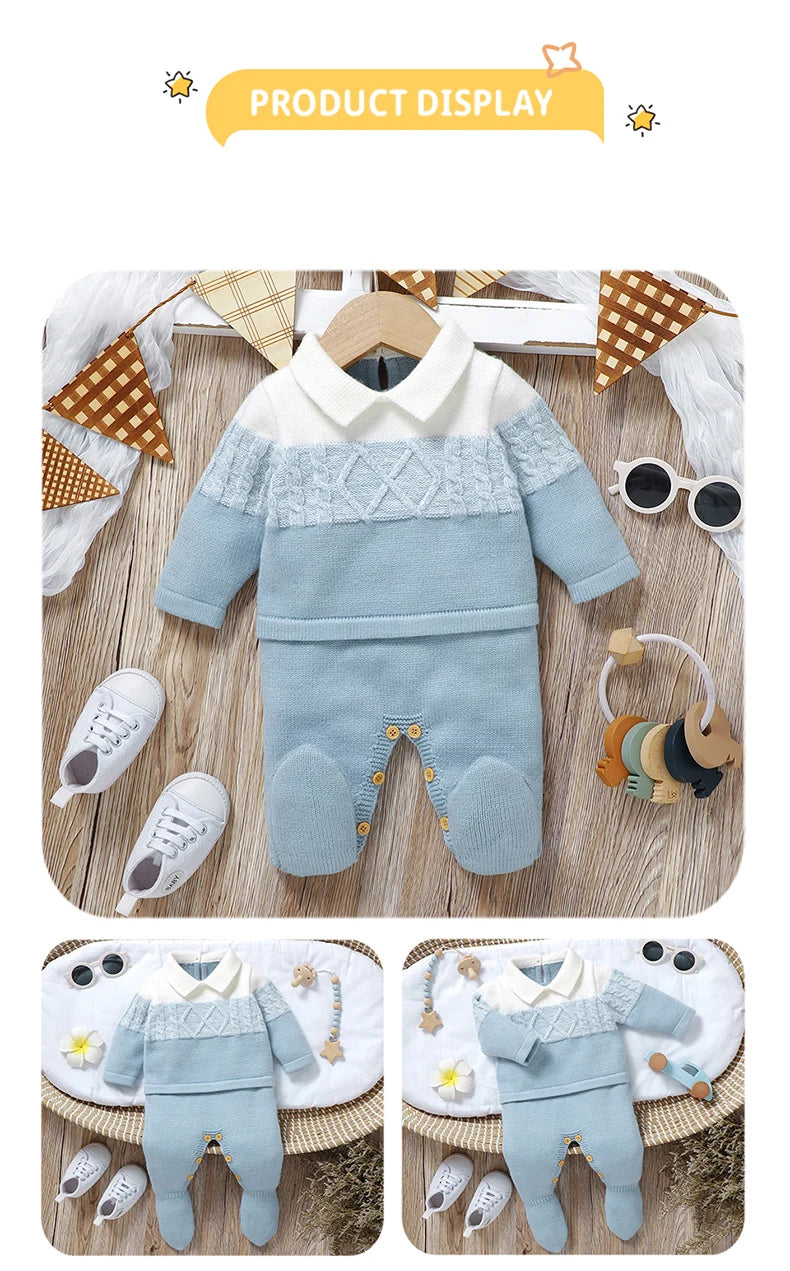Newborn Baby Romper Knitted Infant Children Clothes Fashion Striped 0-9M Overalls Boy Girl Jumpsuit Long Sleeve Autumn Foot Wrap