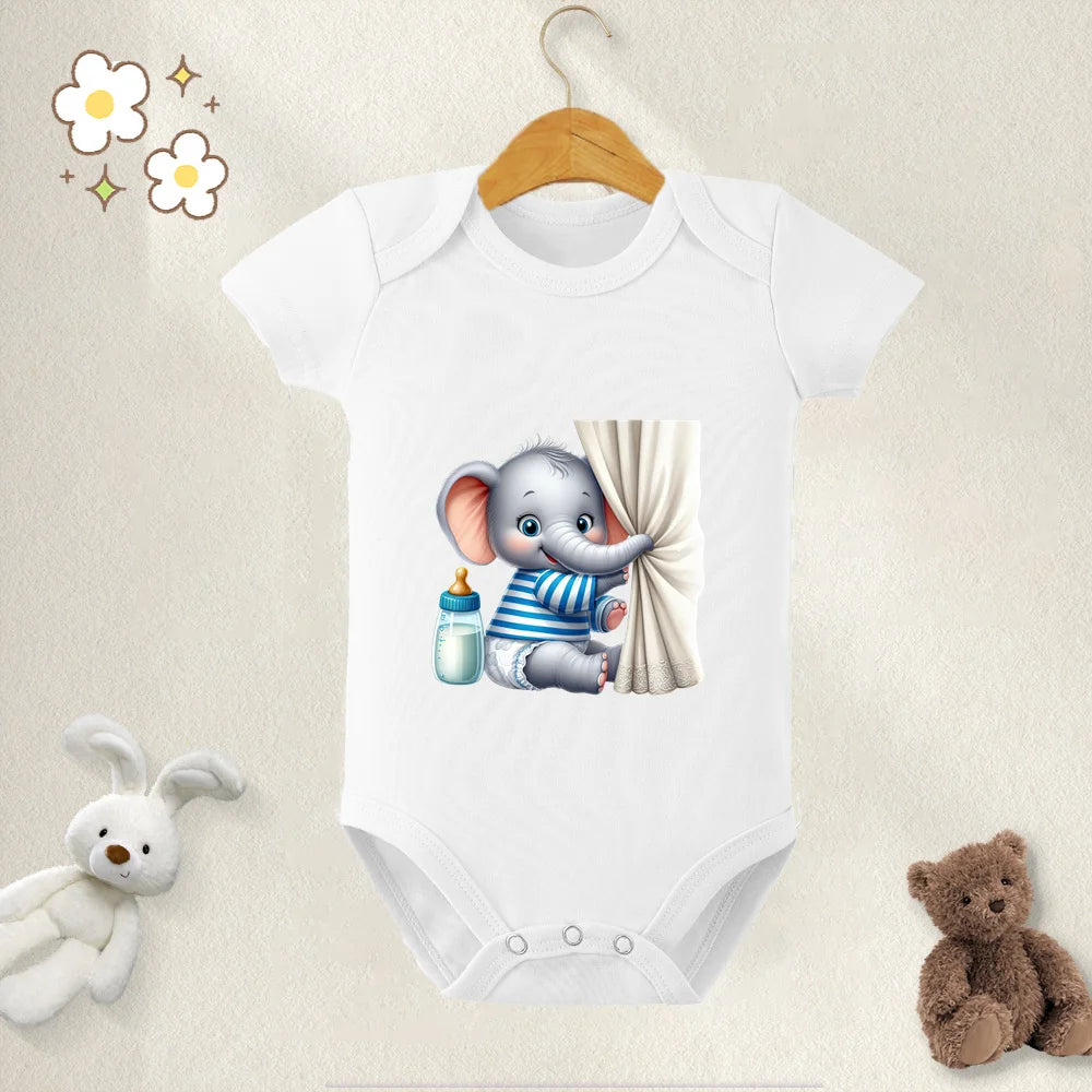 Unisex Baby Bodysuit Cute Elephant Print 100 Percent Cotton Short Sleeve Onesie Romper for 0 To 12 Months