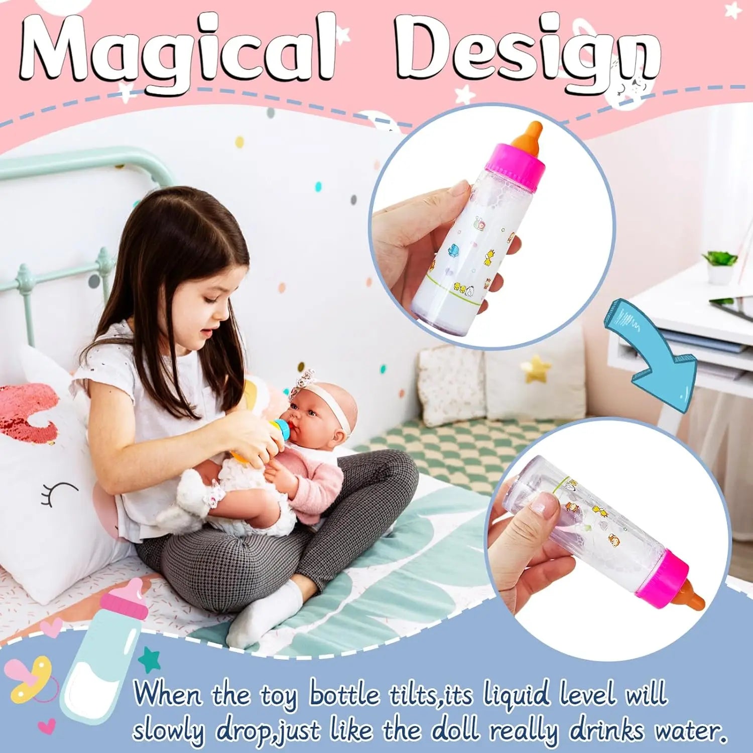 Doll Accessory Pretend Feeding Care Kit Magic Disappearing Fake Bottles Nipples Bib Diapers Dress-up Play Gifts Family Game Toys