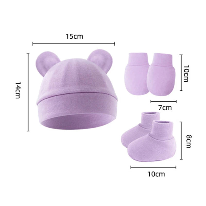 3Pcs Newborn Hat Set Cotton Bear Baby Beanie Hat Gloves Socks Suit Candy Color Infant Bonnet Toddler Cap Newborn Gift 0-6M