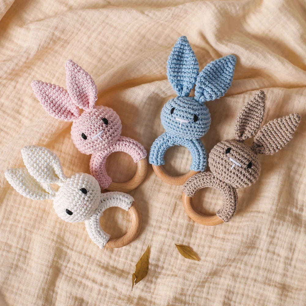 Crochet Baby Toys Wooden Easter Handmade Bunny Rattle Toys 0 12 Months,Four Color Rabbit Rattle Soft,New born Baby Teething Toys