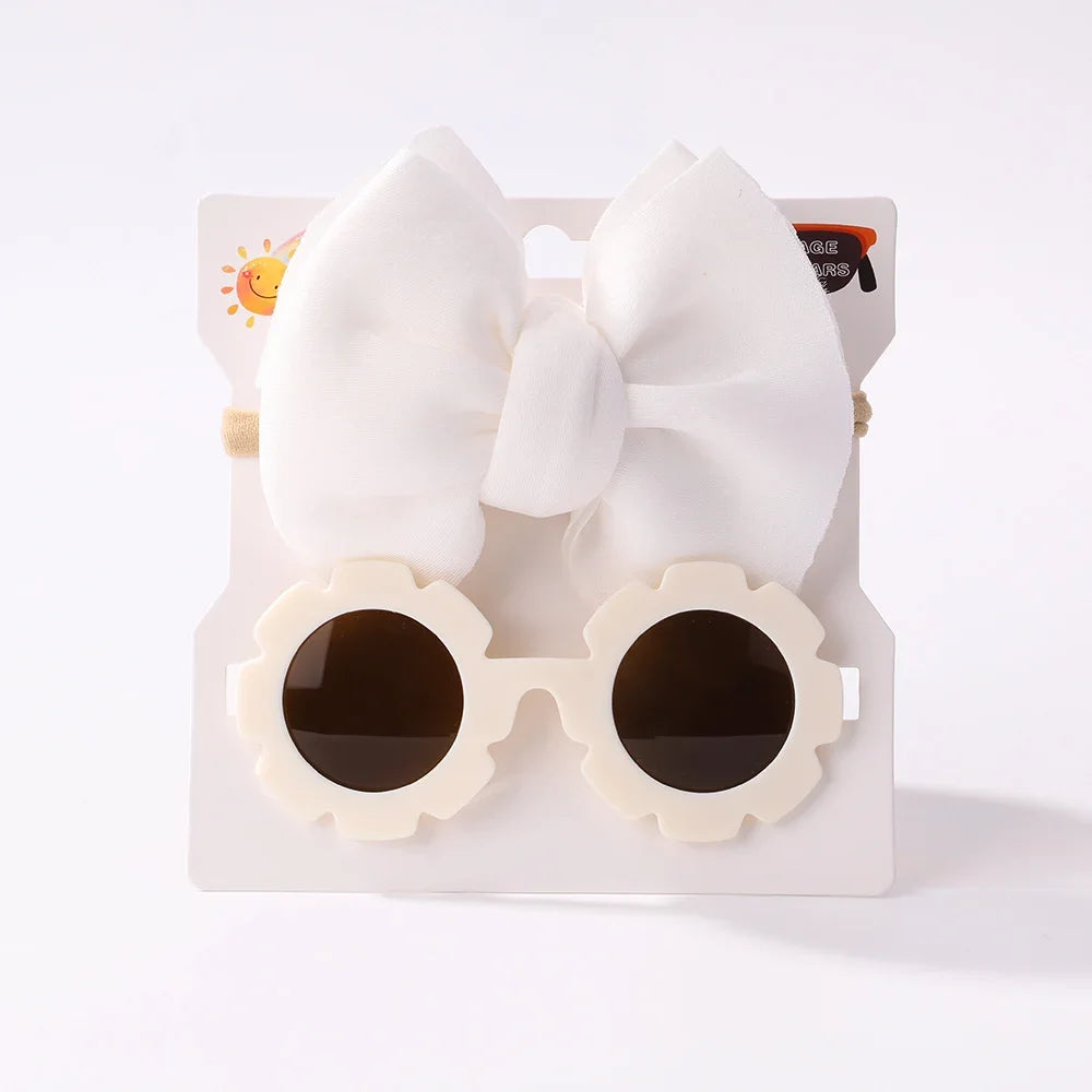 2Pcs Kids Sunglasses Headband Set Daisy Flower Round Toddler Bohemia Beach Seaside Sun Protection Eyewear Kids Hair Accessories