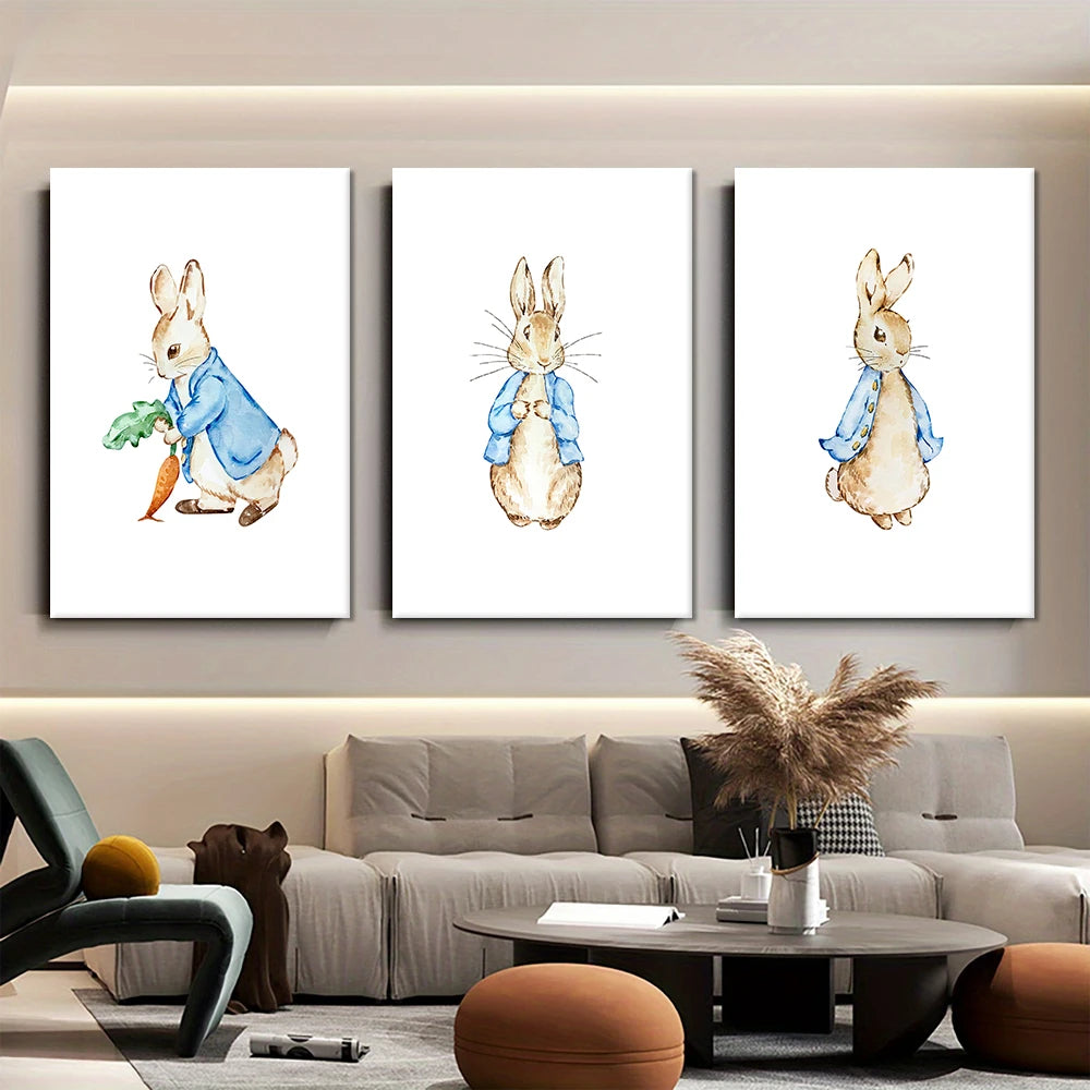 3 Cute Peter Rabbit Cartoon Canvas Decorative Paintings for Children's Room Bedroom Wall Art Hanging Paintings Warm Animal Patte