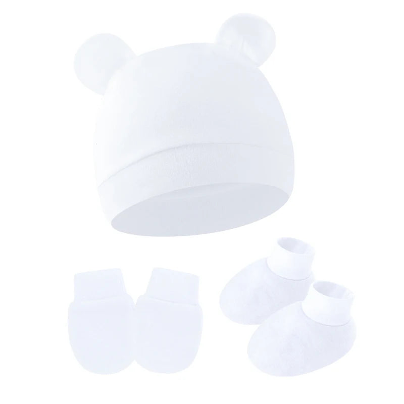 3Pcs Newborn Hat Set Cotton Bear Baby Beanie Hat Gloves Socks Suit Candy Color Infant Bonnet Toddler Cap Newborn Gift 0-6M
