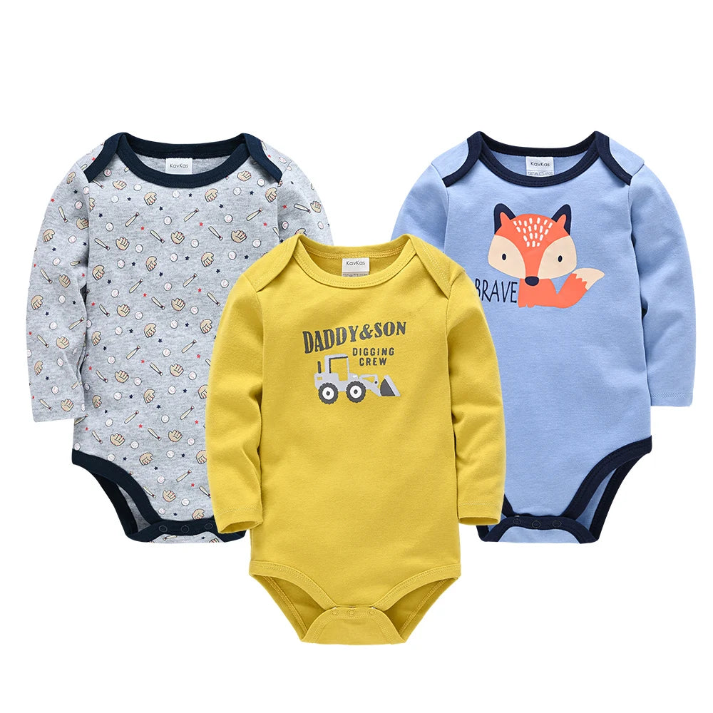 Three Pack 100 Percent Cotton Baby Bodysuits Long Sleeve Rompers Unisex Cute Prints Set for 0 to 24 Months