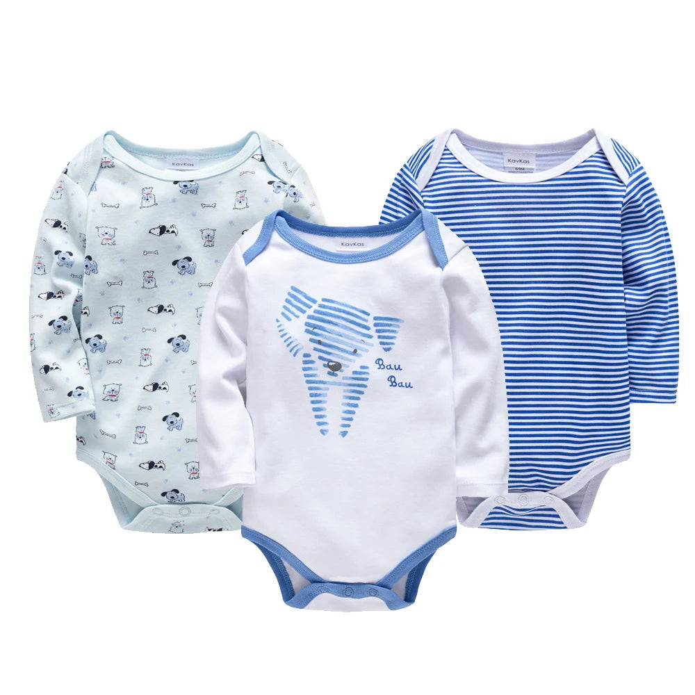 Three Pack 100 Percent Cotton Baby Bodysuits Long Sleeve Rompers Unisex Cute Prints Set for 0 to 24 Months