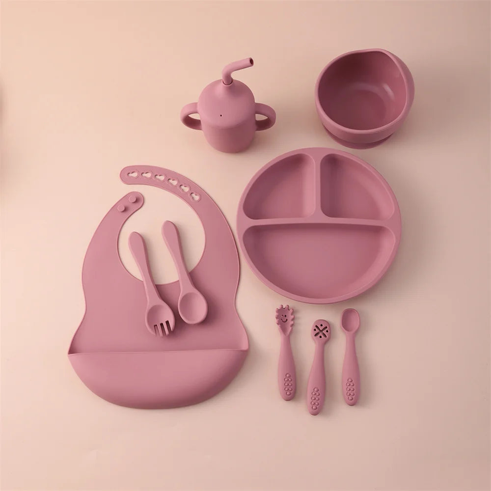 Baby Feeding Set Silicone 9-Piece Bowl Plate Bib Cup Utensils