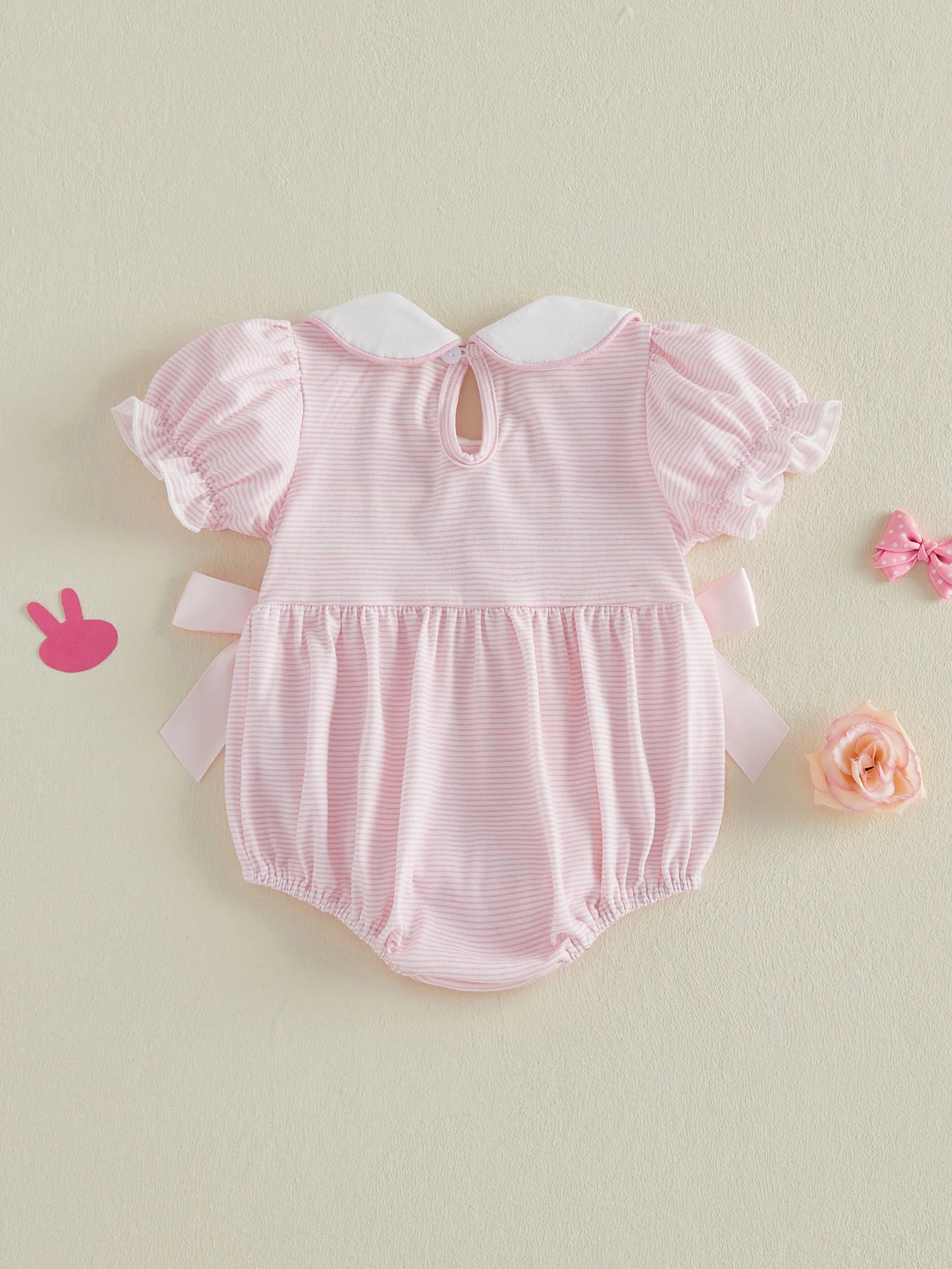 Baby Girl Easter Outfit  Bunny Embroidery Doll Collar Bubble Short Sleeve Jumpsuit Romper Cute Easter Clothes