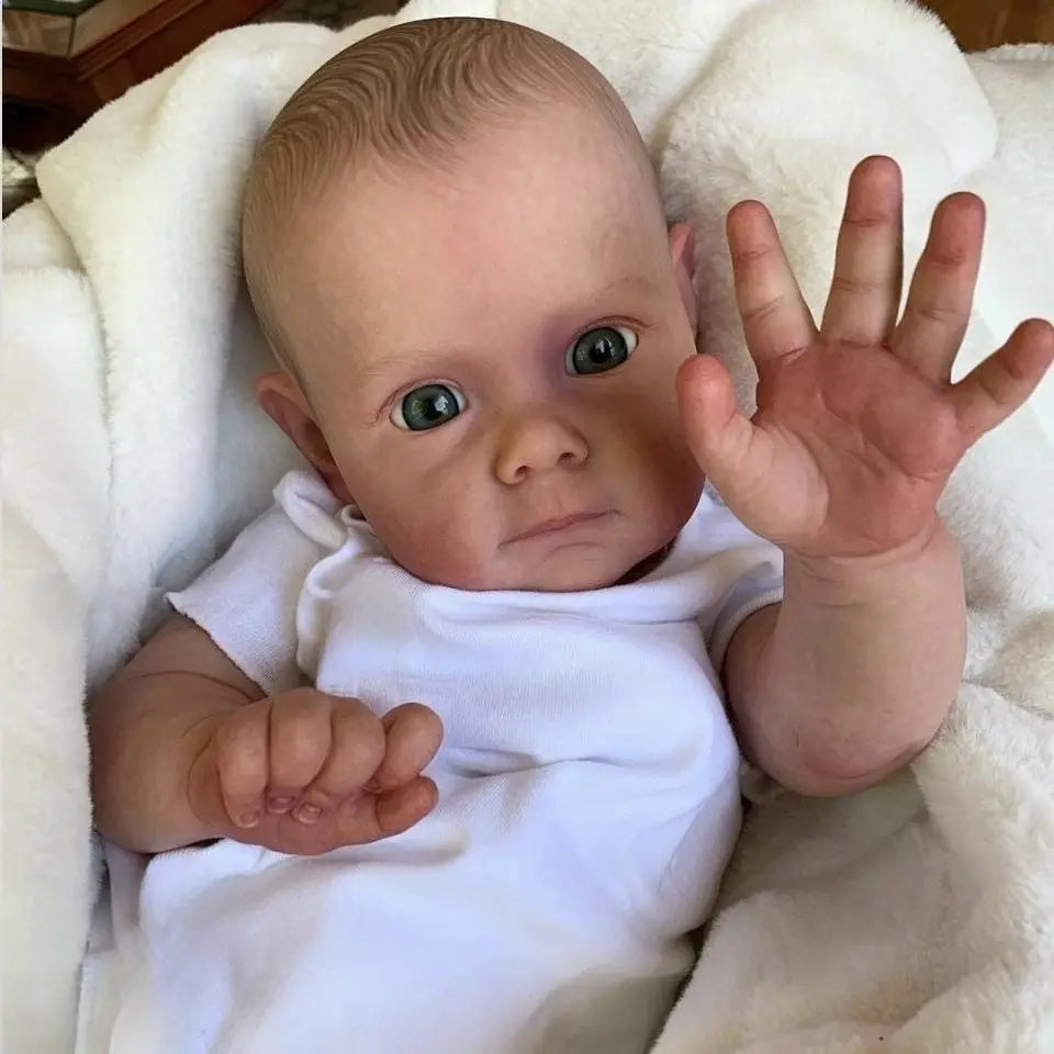 Reborn Doll Vinyl Cloth Body Open Blue Eyes Handmade Rooted Hair