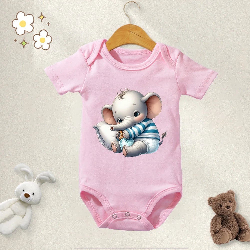 Unisex Baby Bodysuit Cute Elephant Print 100 Percent Cotton Short Sleeve Onesie Romper for 0 To 12 Months