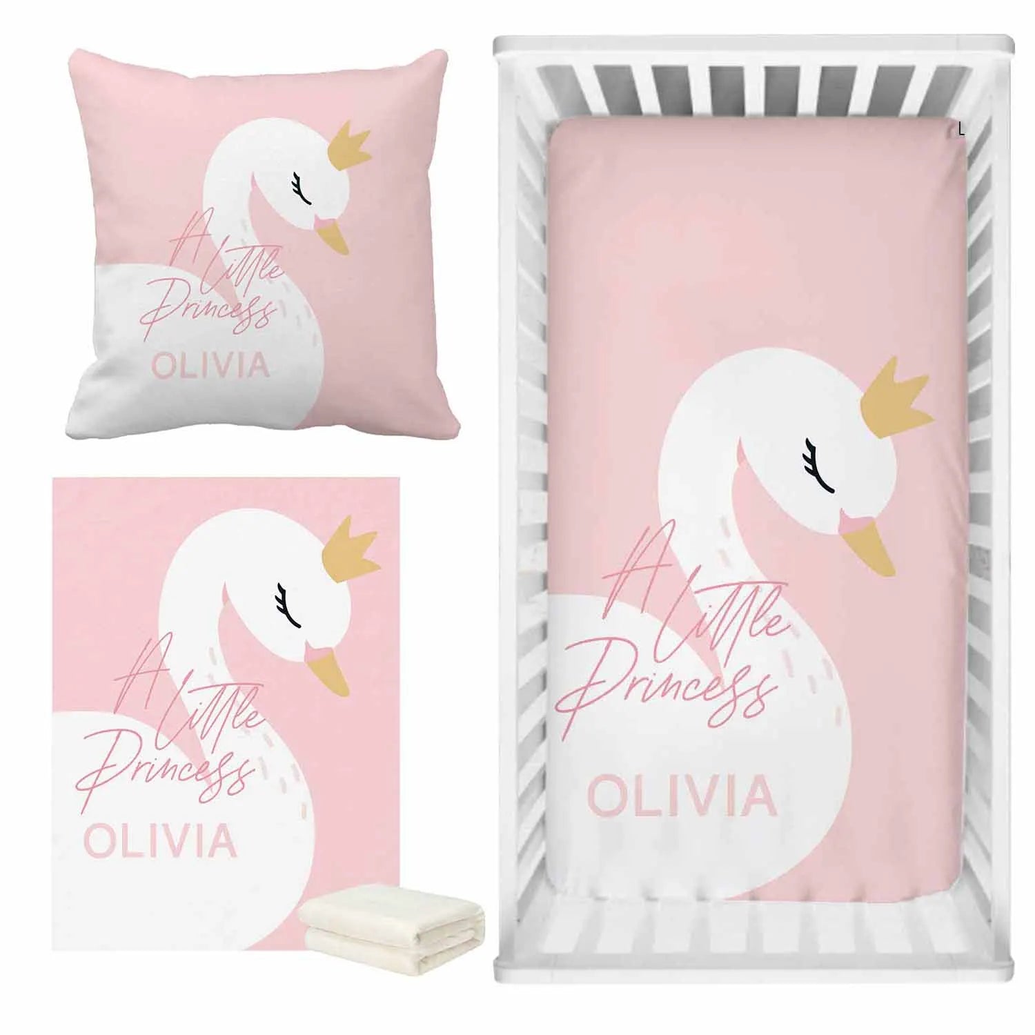 Pink Cute Swan Crib Sheet Set, Custom Name Baby Girl Crib Bedding Set, Baby Shower Gift Bedding Set