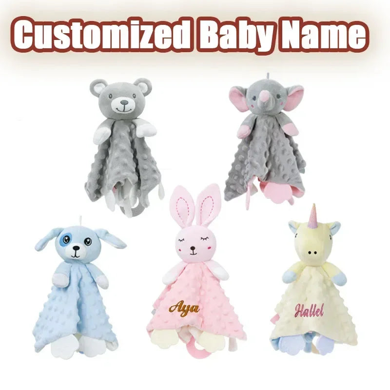 Personalized Newborn Baby Comforter Custom Minky Security Blanket with Teether Bunny Elephant Baby Shower Gift