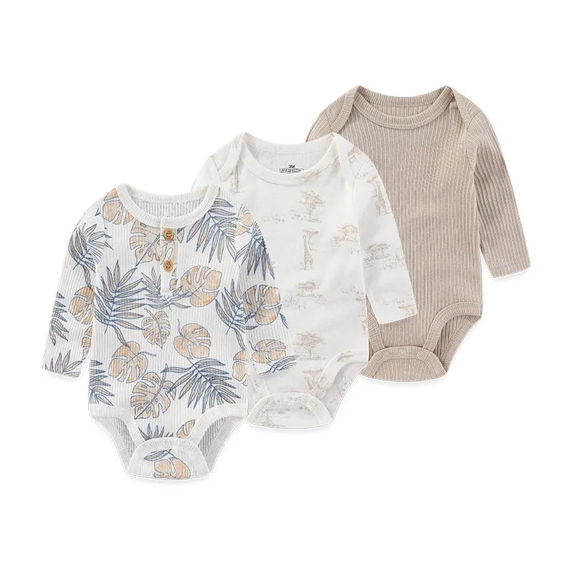 Kiddiezoom Three Piece Newborn Cartoon Long Sleeve 100 Percent Cotton Baby Bodysuits Unisex Soft Infant Onesies