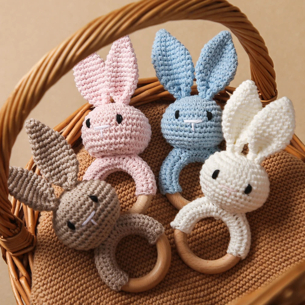 Crochet Baby Toys Wooden Easter Handmade Bunny Rattle Toys 0 12 Months,Four Color Rabbit Rattle Soft,New born Baby Teething Toys