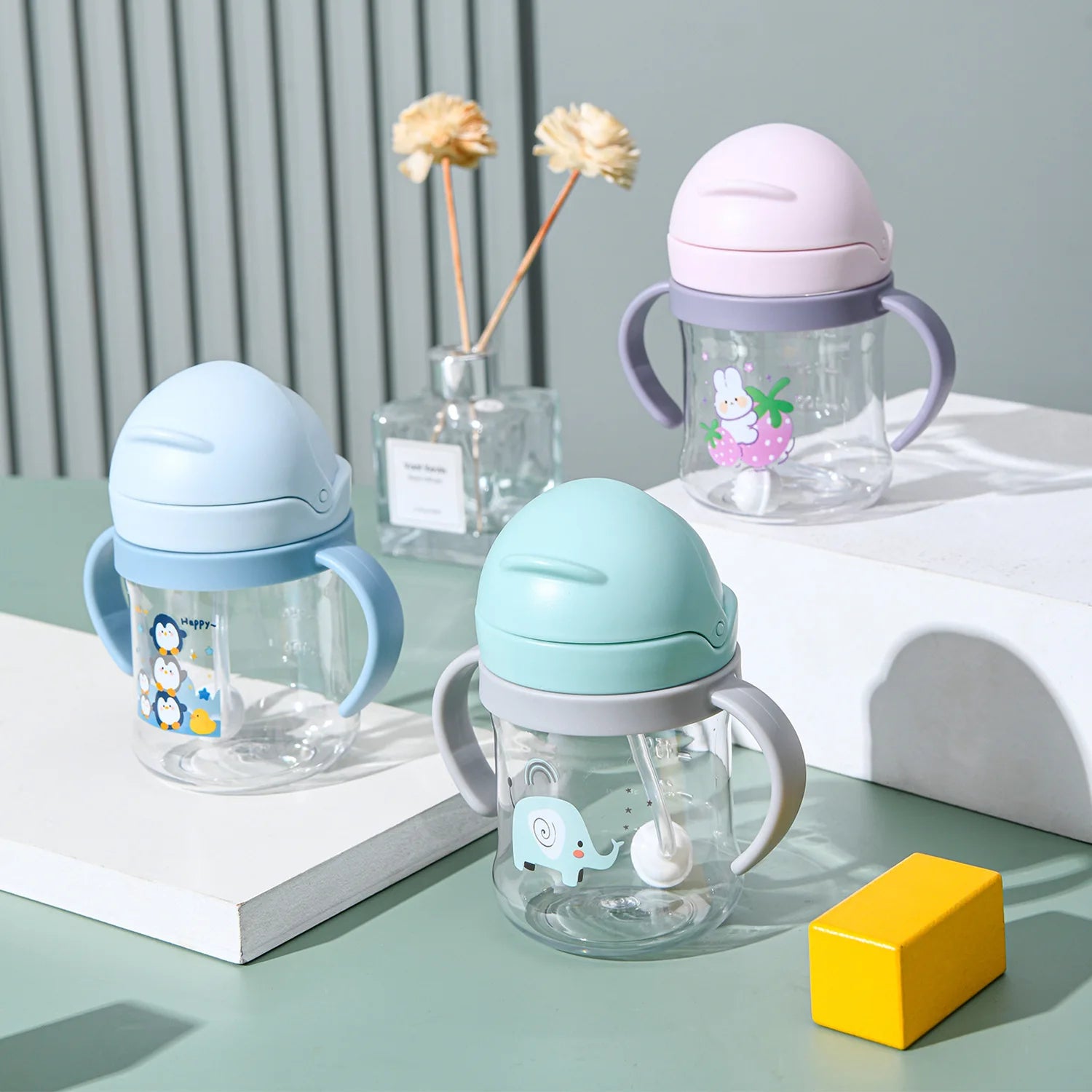 Kids Anti-Choke Straw Cup, Cartoon Handle Training Cup, Accurate Measurement Marks, Durable Plastic Baby Bottle