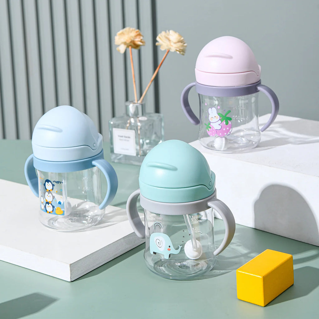 Kids Anti-Choke Straw Cup, Cartoon Handle Training Cup, Accurate Measurement Marks, Durable Plastic Baby Bottle