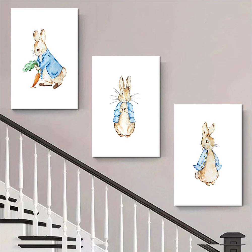 3 Cute Peter Rabbit Cartoon Canvas Decorative Paintings for Children's Room Bedroom Wall Art Hanging Paintings Warm Animal Patte
