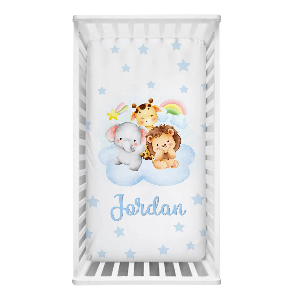 LVYZIHO Cute Safari Animals On Blue Stars Crib Sheet Set, Custom Name Cute Animal Crib Bedding Set, Baby Shower Gift Bedding Set