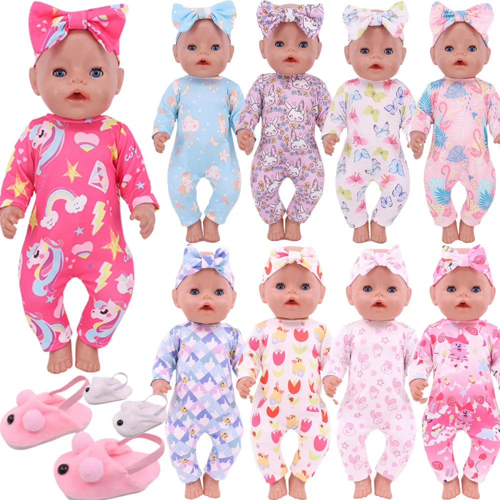 2Pcs/set Pajamas For 43CM Baby Doll&18Inch American Doll Clothes Bow Tie Headband+Jumpsuit Pajamas Unicorn Flamingo Pattern,Toys