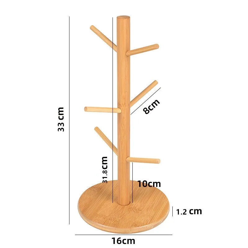 Mug Tree Holder Bamboo Natural Six-Hook Space-Saving Desk Organizer