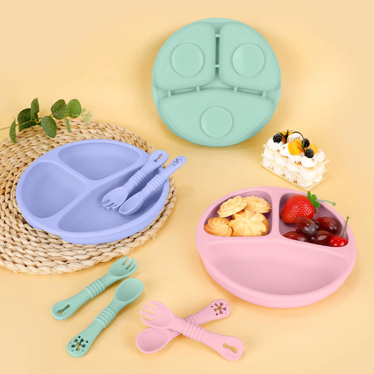 TYRY.HU 3pcs-1set Silicone Baby Feeding Set Divided Suction Plate Silicone Spoon Fork First Feeding Essentials Children Gift ﻿