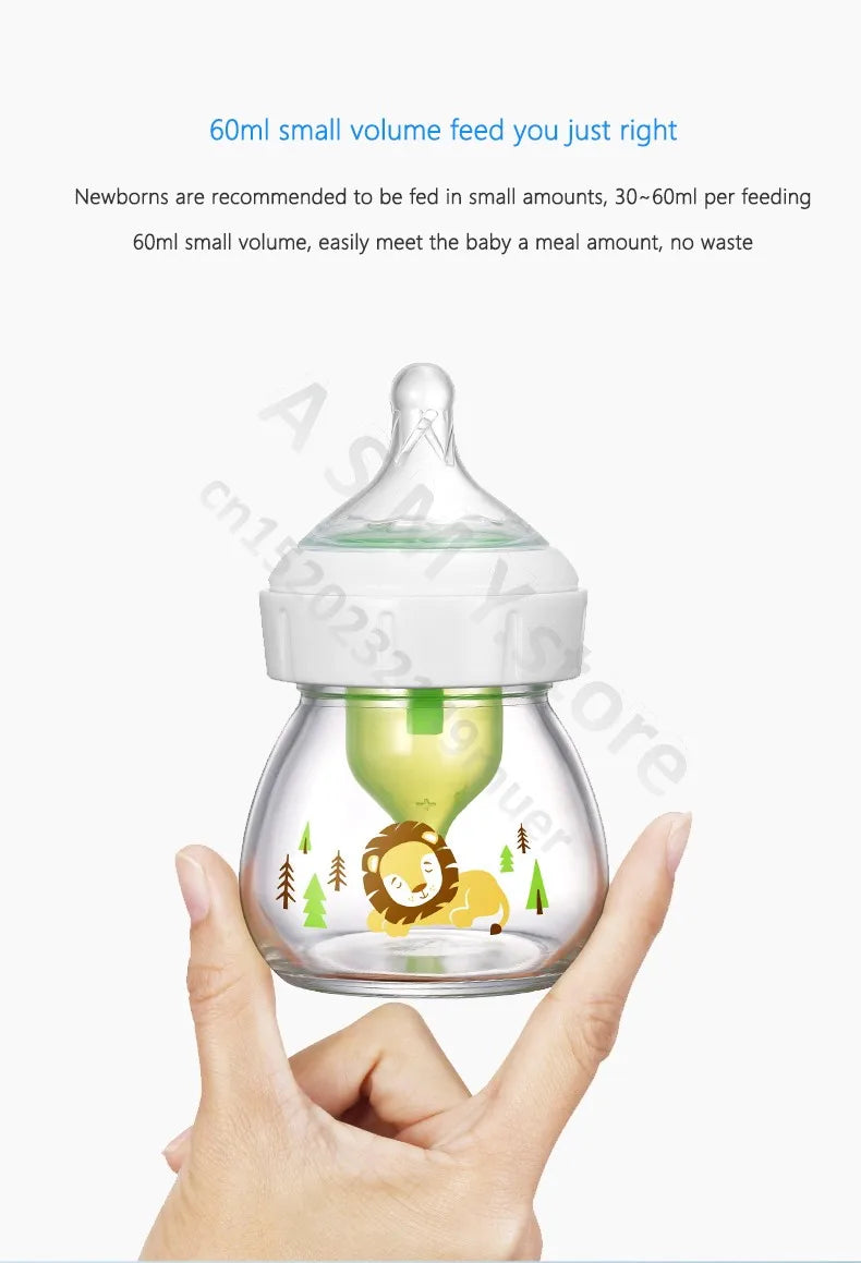 Dr. Brown's newborn wide-bore glass bottle, preemie silicone teat, 60ML for babies 0 to 3 months/Anti-colic glass baby bottle