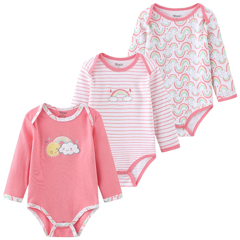 Kiddiezoom Three Piece Newborn Cartoon Long Sleeve 100 Percent Cotton Baby Bodysuits Unisex Soft Infant Onesies