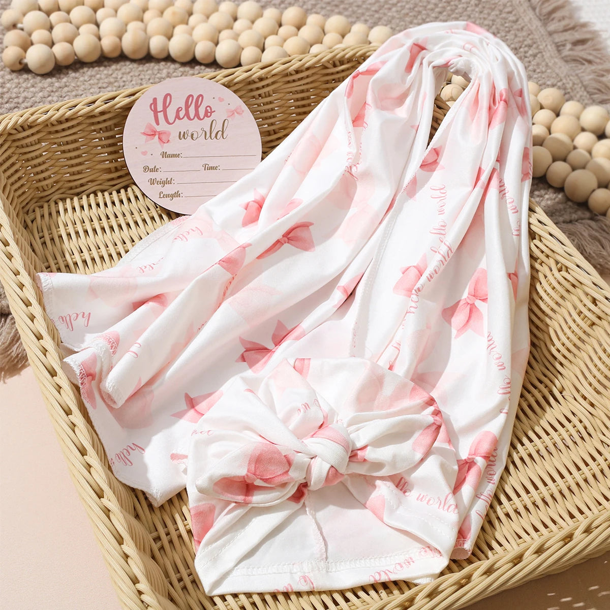 Newborn Baby Girl Swaddle Wrap Set Hello Bow Print Cotton Blanket + Bow Hat + Birth Announcement Card Infant Photoshoot Props