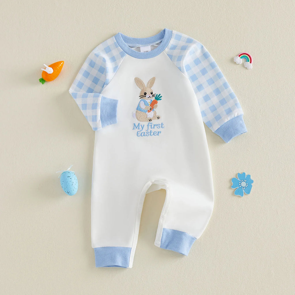 Cute Baby Easter Romper Bunny Letter Embroidered Plaid Long Sleeve Crew Neck Newborn Baby Rabbit Jumpsuit Costume