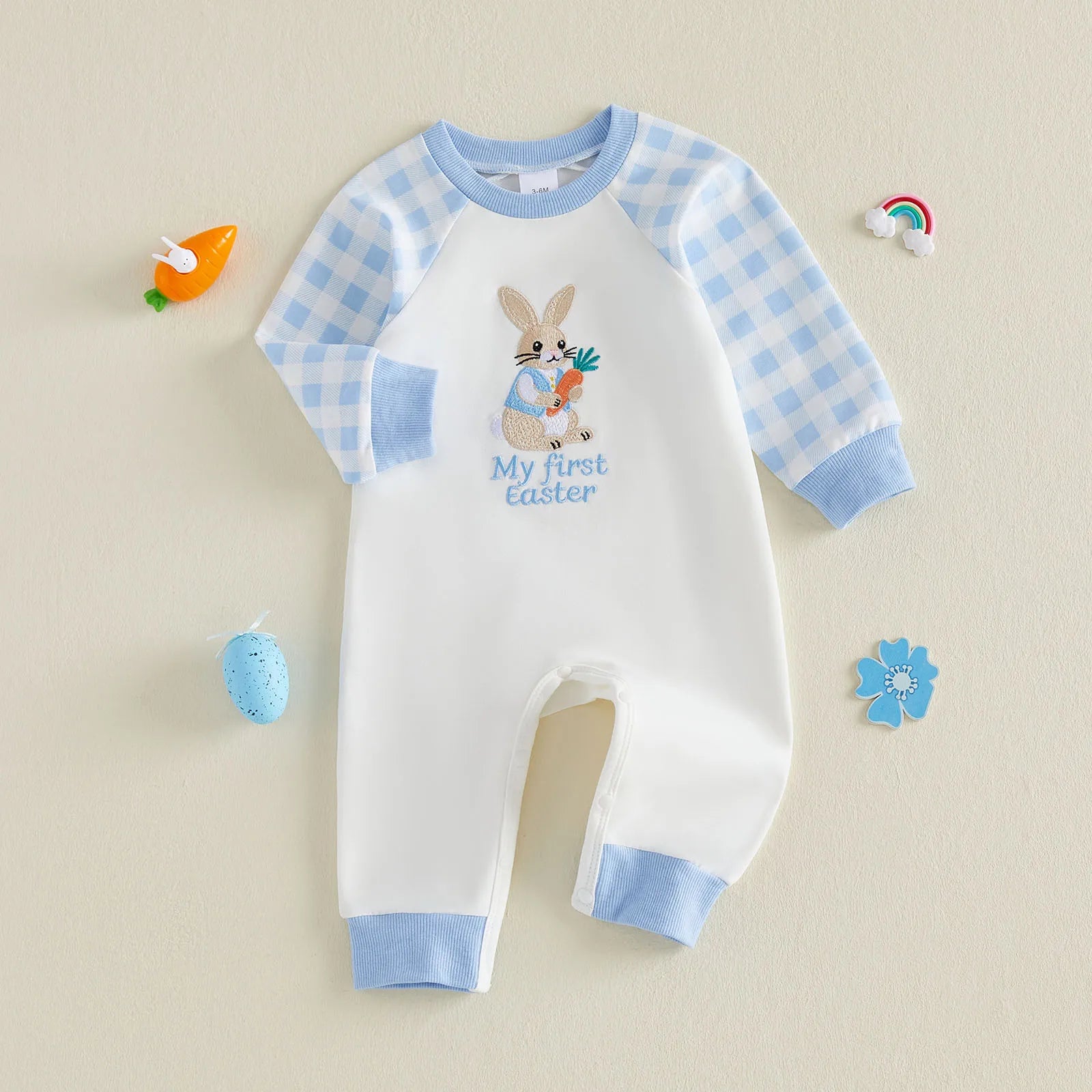 Cute Baby Easter Romper Bunny Letter Embroidered Plaid Long Sleeve Crew Neck Newborn Baby Rabbit Jumpsuit Costume