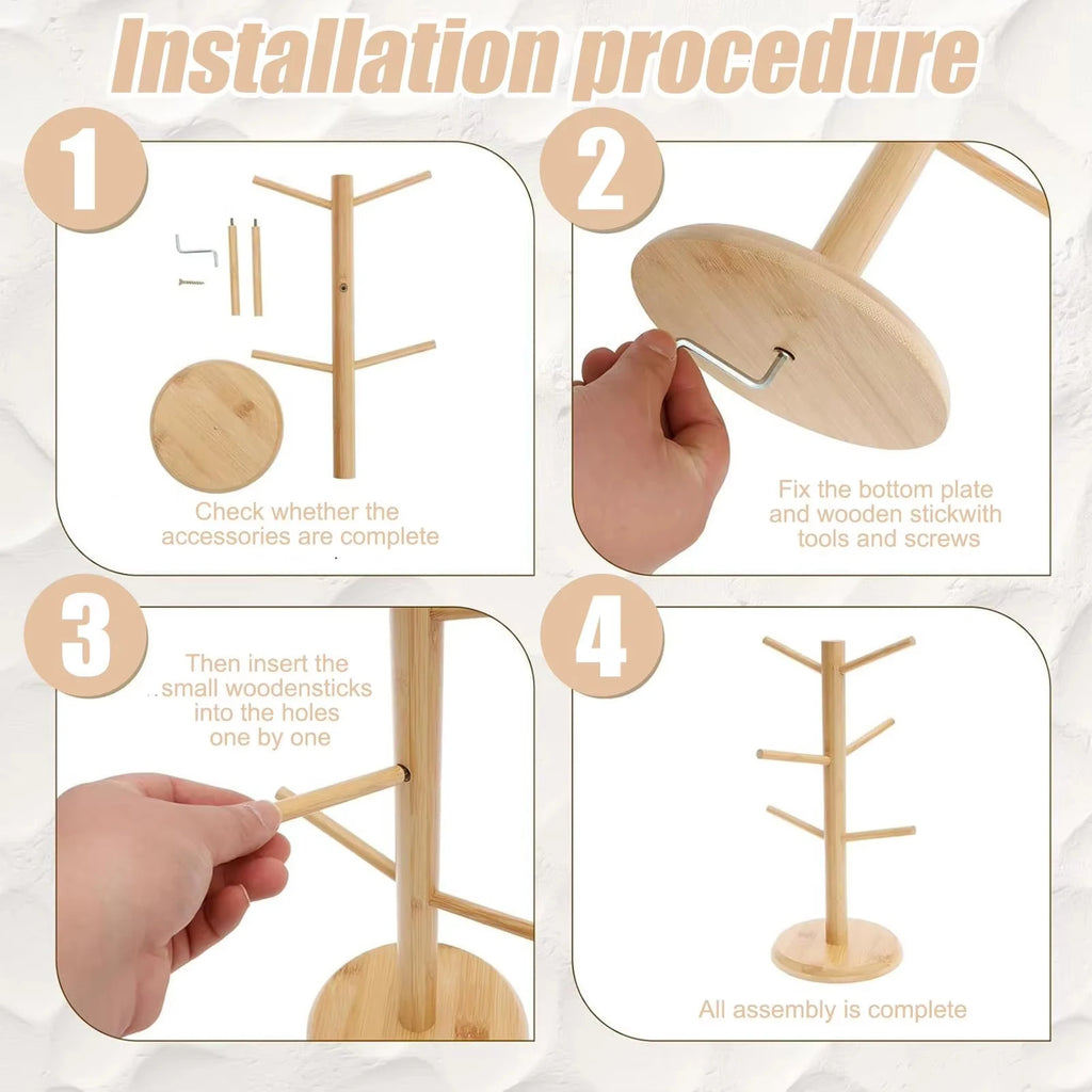 Mug Tree Holder Bamboo Natural Six-Hook Space-Saving Desk Organizer