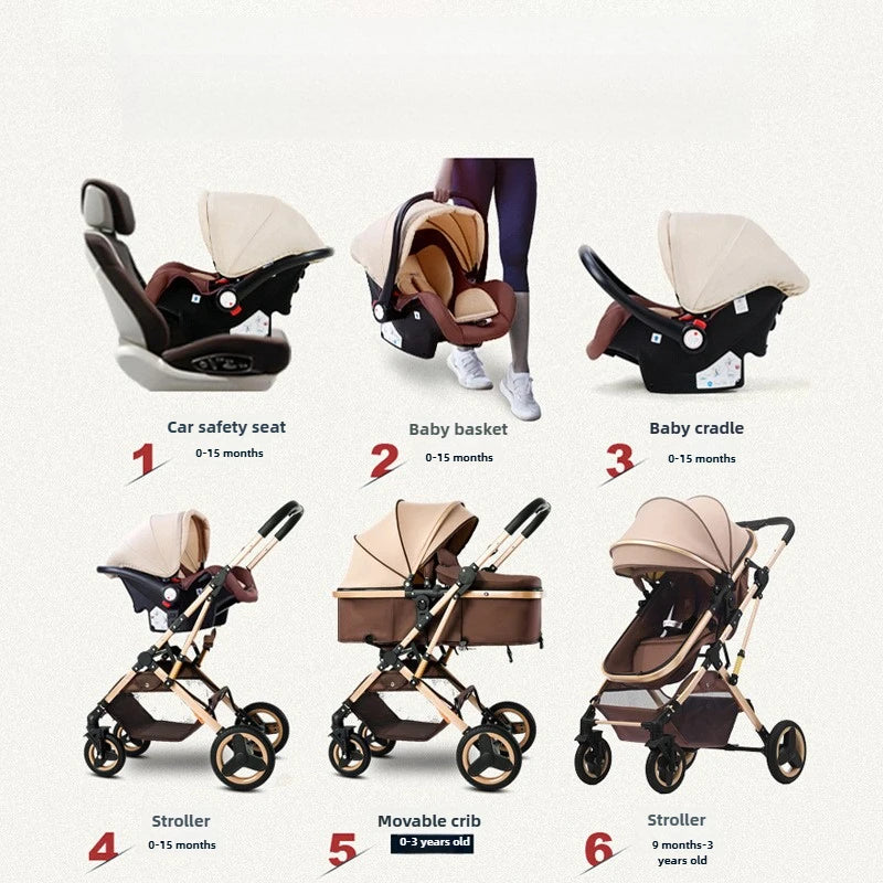 2025 New Style Newborn Baby Stroller High View Two-way Three-in-one Sitting and Lying Baby Stroller with Basket and Car Seat