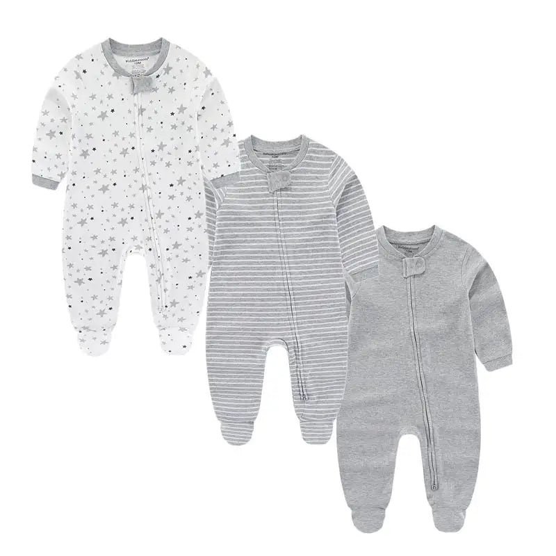 Kiddiezoom 3 Pack Autumn Winter Solid Zipper Rompers 100 Percent Cotton Unisex Newborn Baby Clothes Gift Set