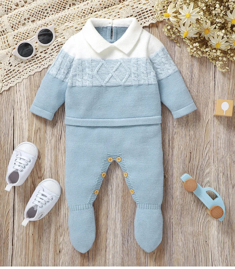Newborn Baby Romper Knitted Infant Children Clothes Fashion Striped 0-9M Overalls Boy Girl Jumpsuit Long Sleeve Autumn Foot Wrap