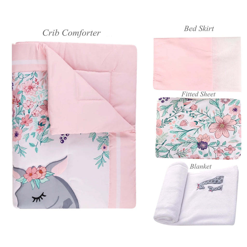 4Pcs Flower Giraffe luxury Baby Girl Cot Bedding Crib Set Cunas para Bebes (Comforter Fitted Sheet Crib Skirt Blanket)