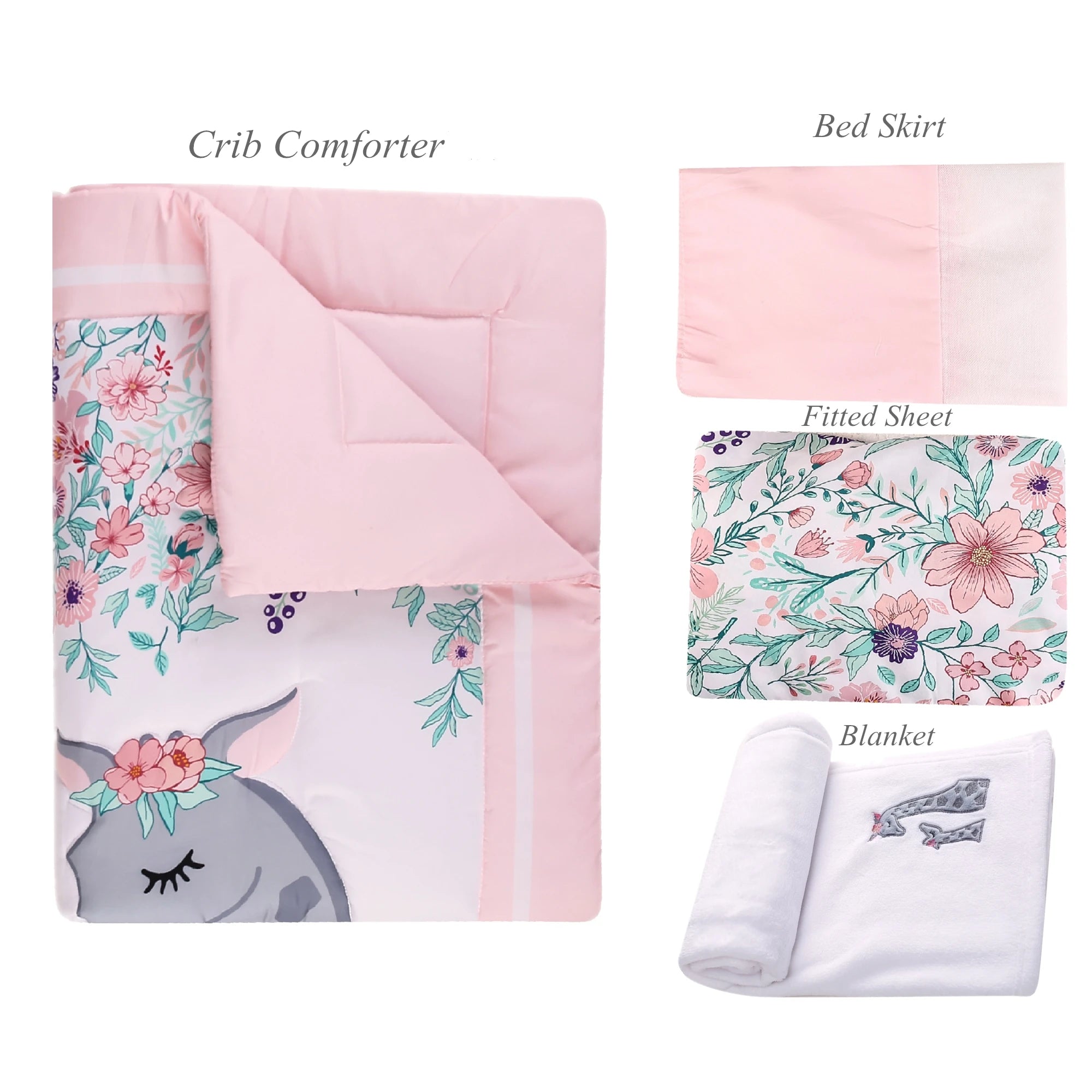 4Pcs Flower Giraffe luxury Baby Girl Cot Bedding Crib Set Cunas para Bebes (Comforter Fitted Sheet Crib Skirt Blanket)