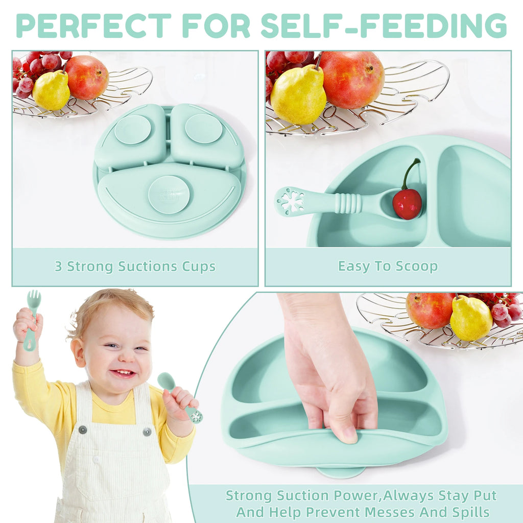 TYRY.HU 3pcs-1set Silicone Baby Feeding Set Divided Suction Plate Silicone Spoon Fork First Feeding Essentials Children Gift ﻿