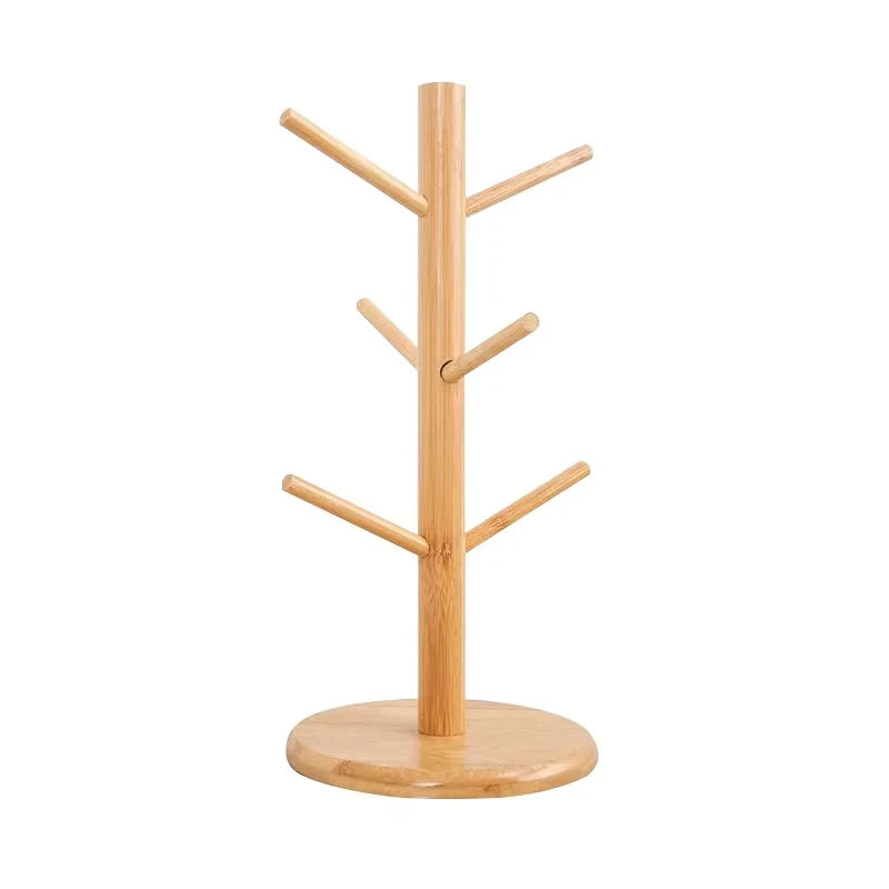 Mug Tree Holder Bamboo Natural Six-Hook Space-Saving Desk Organizer