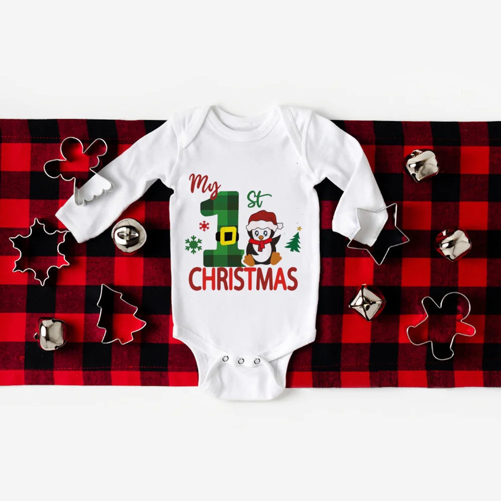 Your First Christmas Baby Long Sleeve Romper With Deer Print Unisex 0 To 24M Cozy Gift