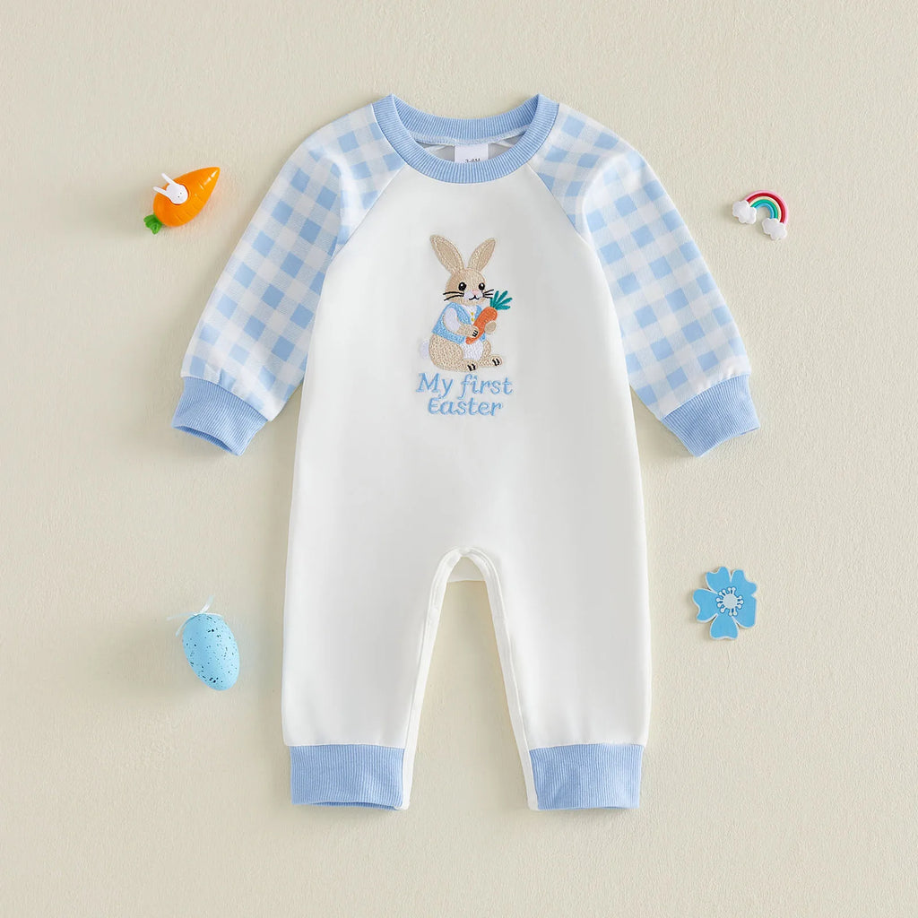 Cute Baby Easter Romper Bunny Letter Embroidered Plaid Long Sleeve Crew Neck Newborn Baby Rabbit Jumpsuit Costume