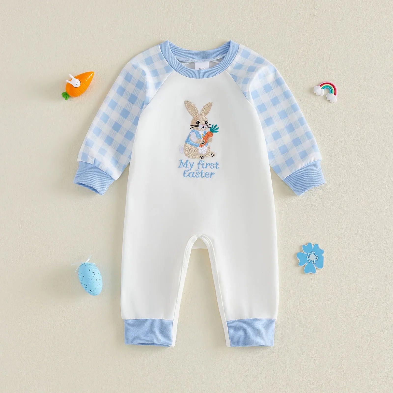 Cute Baby Easter Romper Bunny Letter Embroidered Plaid Long Sleeve Crew Neck Newborn Baby Rabbit Jumpsuit Costume